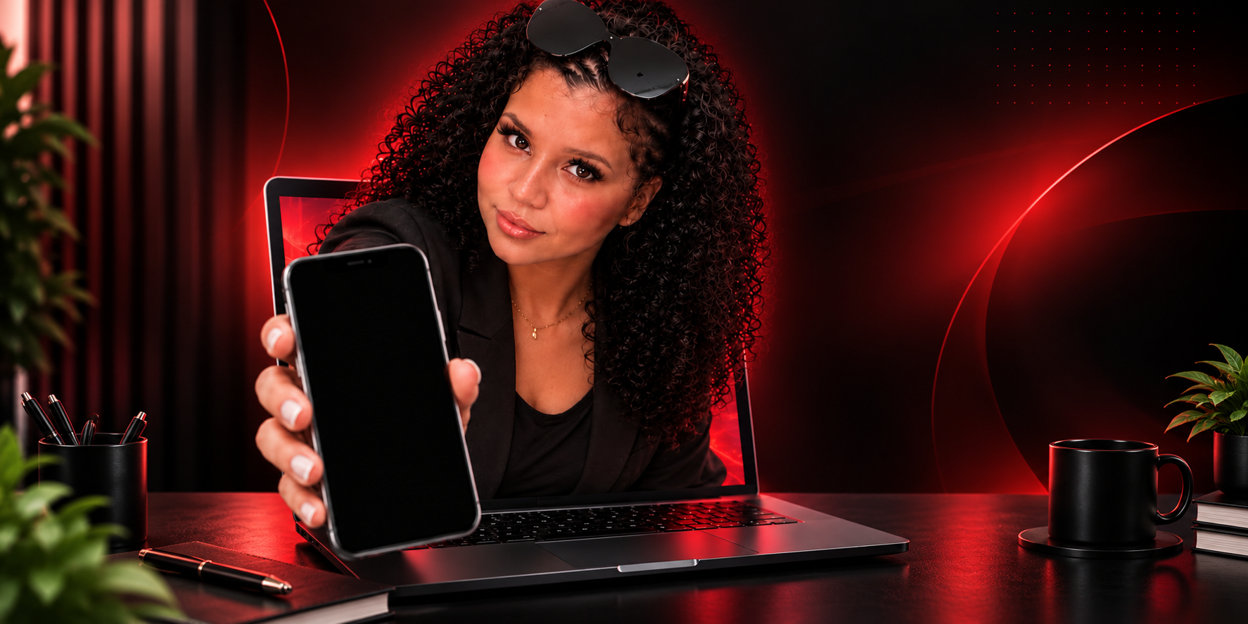 Woman emerging from laptop holding phone showing Let's Make It Happen