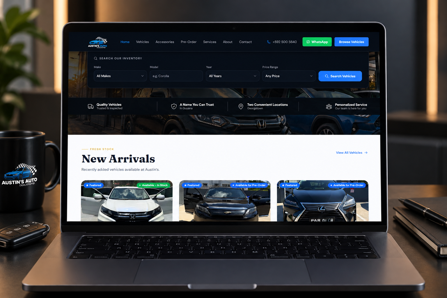 Customer-facing vehicle website showing car catalogue with search filter and vehicle listings