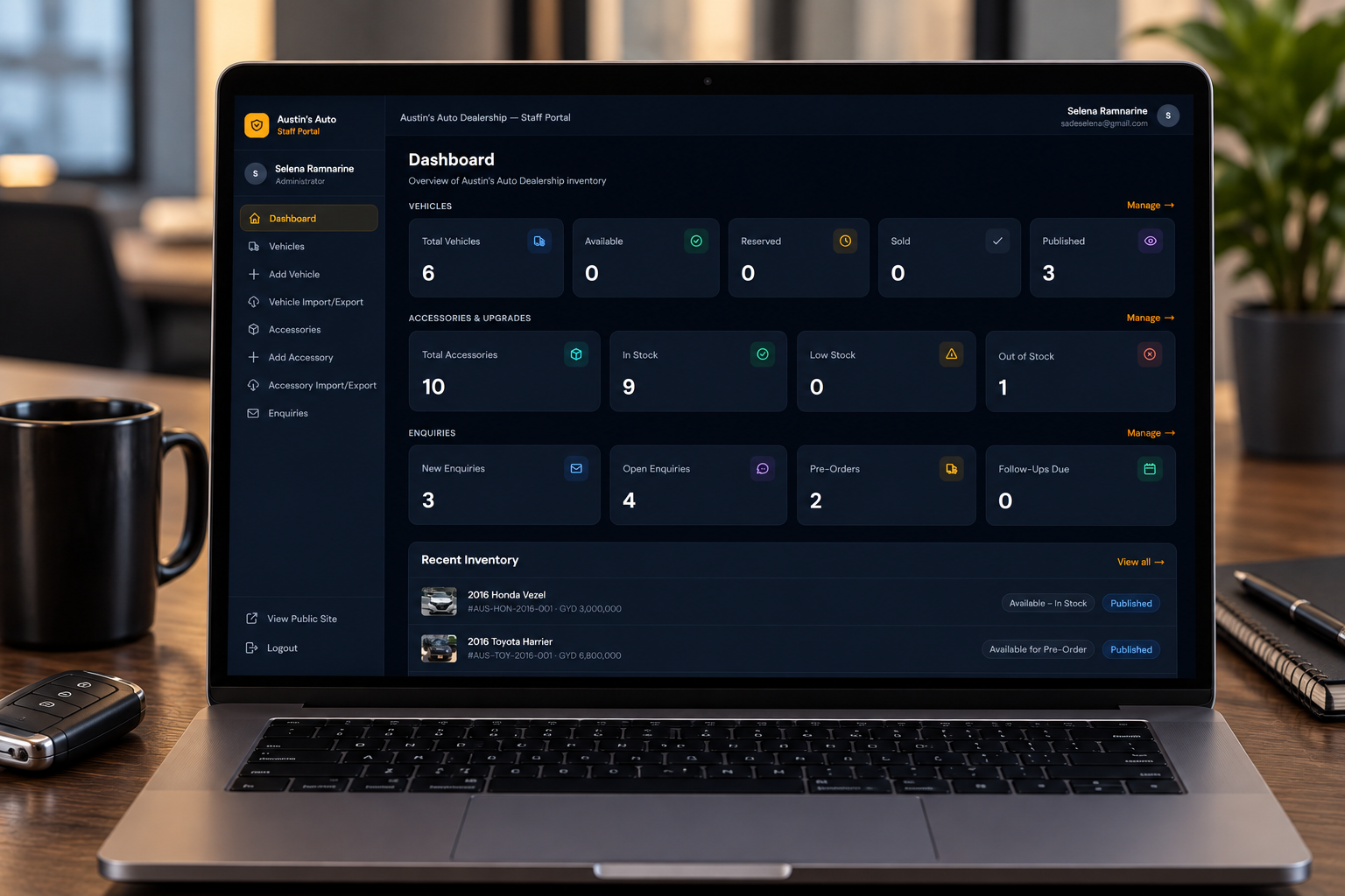 Staff admin dashboard showing inventory management table with vehicle data and management controls