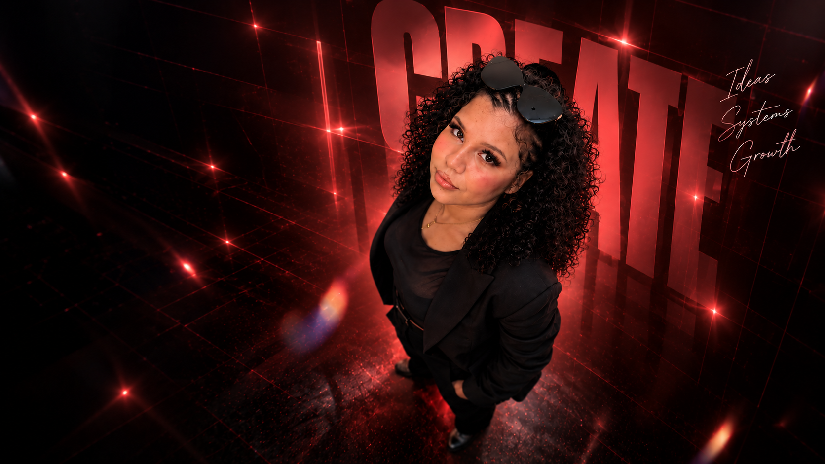 Selena Ramnarine standing confidently against a cinematic red CREATE background